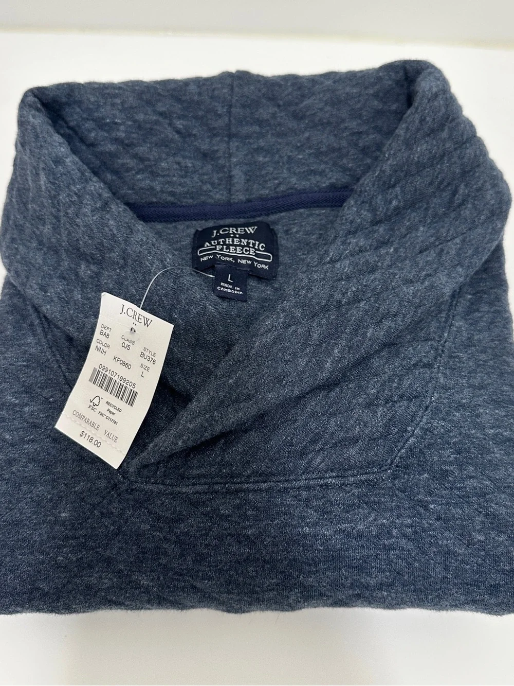 NWT J.Crew Quilted Fleece Pullover Shawl Collar Men’s Large Blue